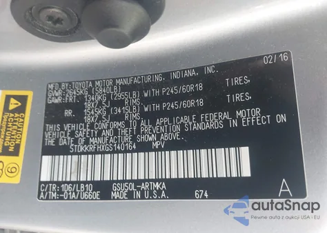 2016 Toyota Highlander Xle V6 z USA, uszkodzony, nr VIN 5TDKKRFHXGS140164